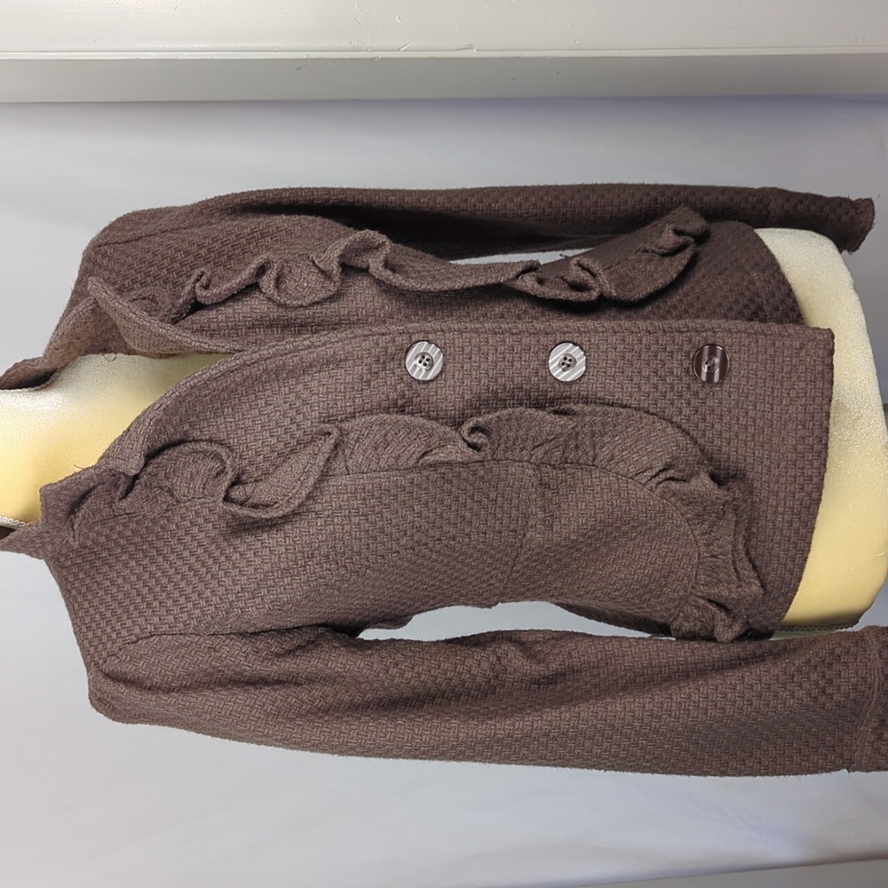 DECREE Women's Brown Ruffle Basketweave Button Front Jacket